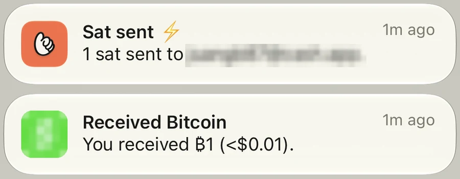 iPhone notifications: Bumbei says “Sat sent, 1 sat sent to” a Lightning address, and the wallet says “You received ₿1.”